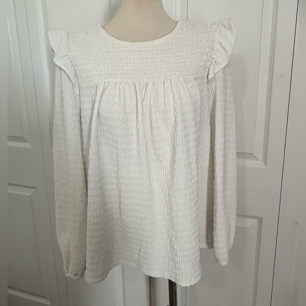 LOFT White Textured Blouse with Ruffle Sleeves